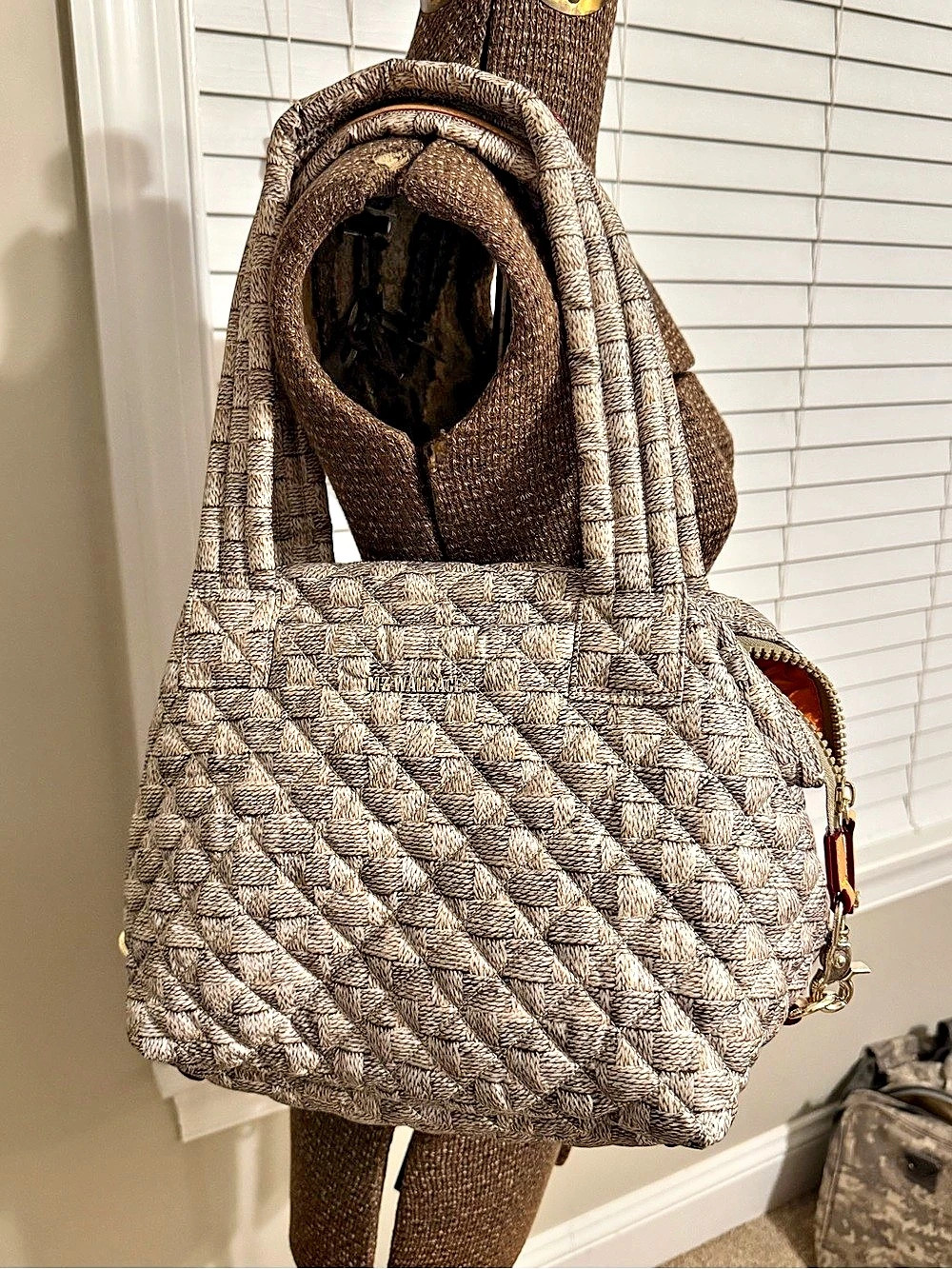 MZ WALLACE Medium Woven Box Tote Shoulder Bag in Brown & Cream